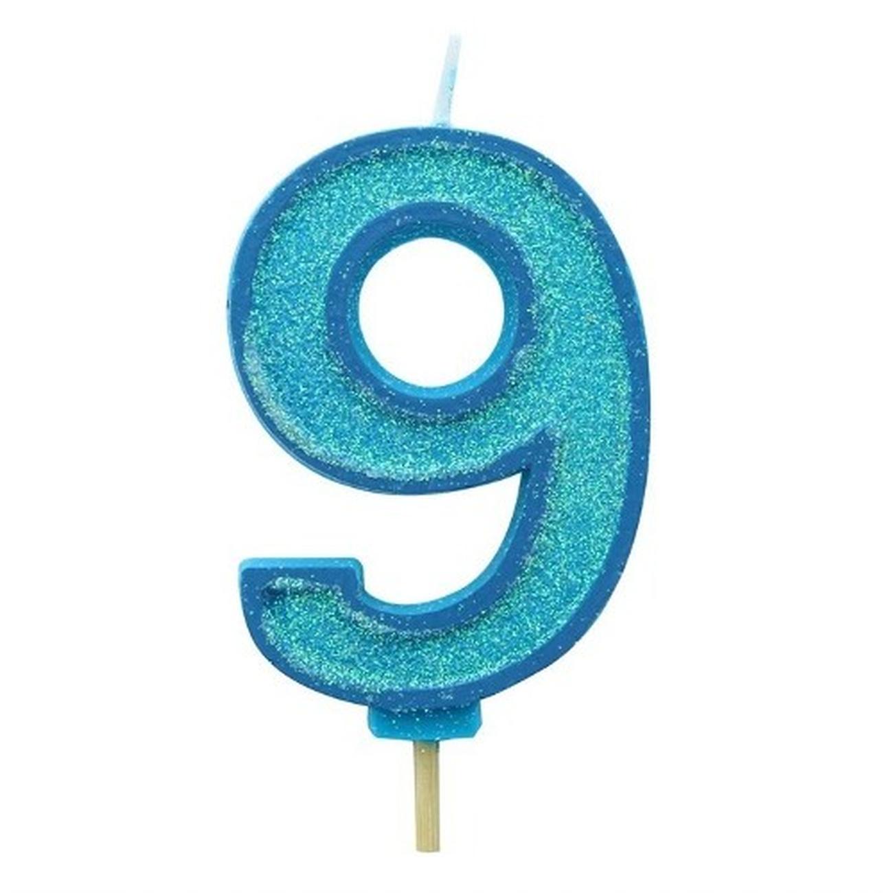 Culpitt Blue Sparkle Number 9 Candle number-9-nine-number-sign-green-color-realistic-3d-design-in-cartoon