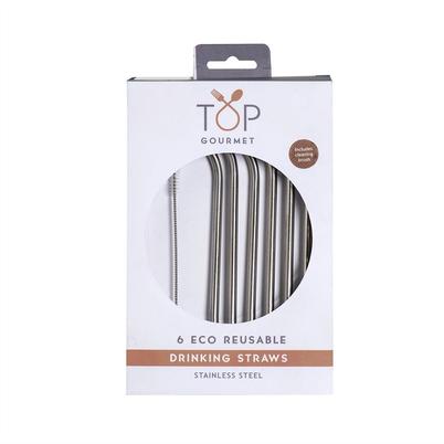 Top Gourmet 6pc Reusable Stainless Steel Straws & Brush Set