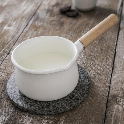 Enamel Milk Pan, White with Wooden Handle
