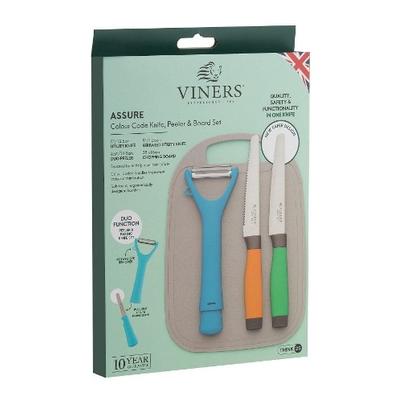 Viners Assure Colour Code Knife, Peeler & Board Set