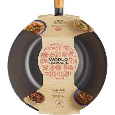 World of Flavours Oriental Carbon Steel Non-Stick Wok-Wooden Handle 25cm