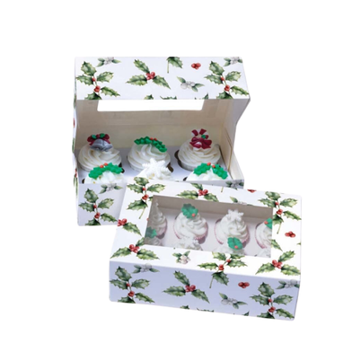 Baked With Love Vintage Holly Cupcake Boxes - Twin Pack For 6 Standard Or 12 Mini Cupcakes, Christmas Treat Carriers