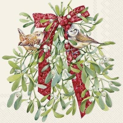 IHR Lunch Napkins Birds In Mistletoe Cream 