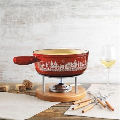 Kuhn Rikon Cast Iron Cheese Fondue Set Red Alpine Meadow 24cm