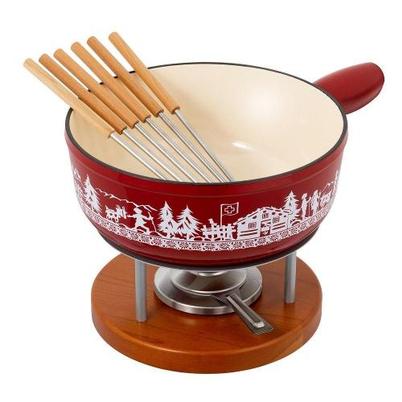 Kuhn Rikon Cast Iron Cheese Fondue Set Red Alpine Meadow 24cm