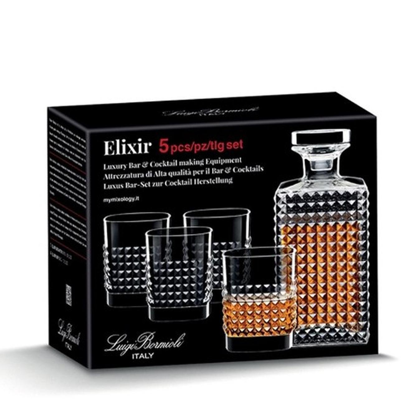 luigi-bormioli-elixir-4-piece-whiskey-decanter-and-glasses-set - Luigi Bormioli Elixir 5pc Whiskey Set