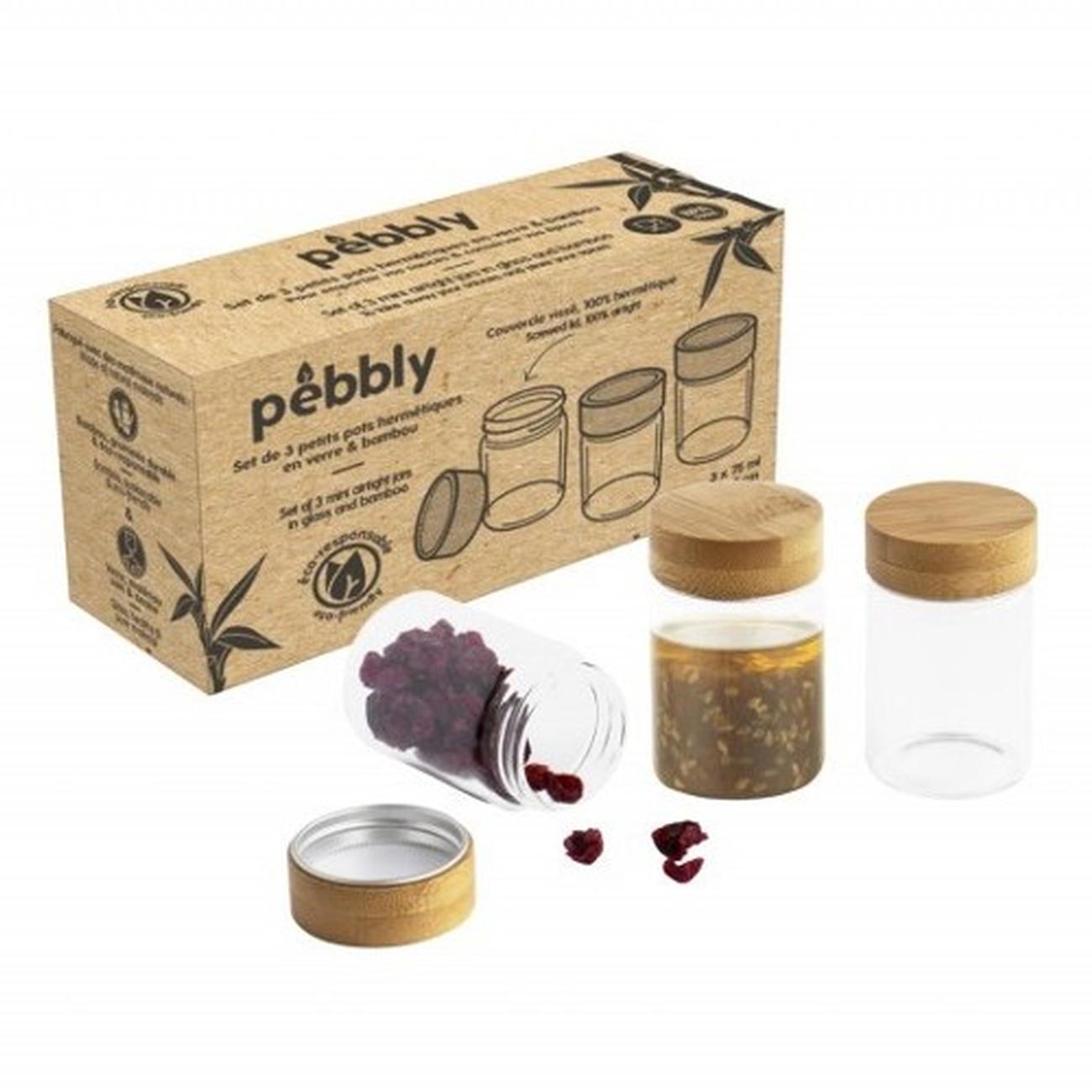 Pebbly Round Spice Jars with Bamboo Lids, Set of 3, 1 set