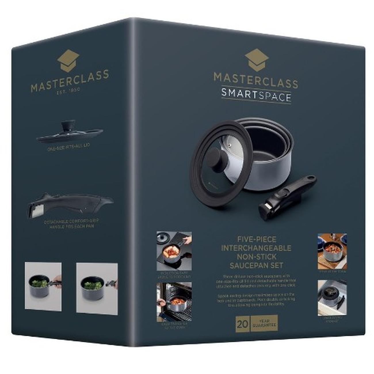 masterclass-smart-space-3pc-non-stick-saucepans-removable-handle - MasterClass Smart Space 3pc Stacking Saucepans Set