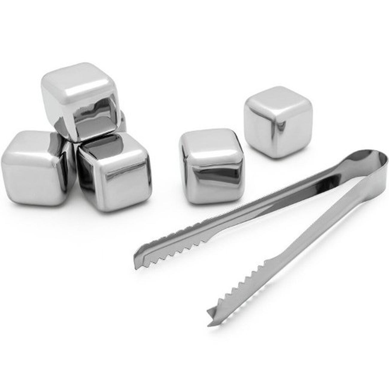 leopold-vienna-6pc-ice-cubes-and-ice-tongs - Leopold Vienna 6pc Steel Whiskey Stones & Ice Tongs