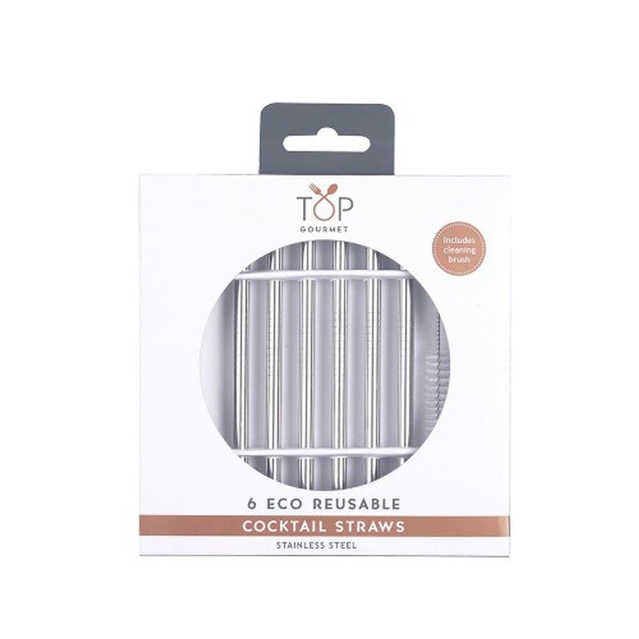 eddingtons-6pc-stainless-steel-cocktail-straws-brush-set - Top Gourmet 6pc Reusable Stainless Steel Cocktail Straws & Brush Set