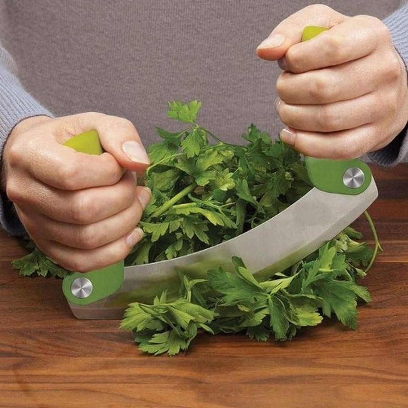 Salad Chopper With Wood round Herb Board Mezzaluna Knife with Handle  Stainless Steel Chopper Vegetable Cutter