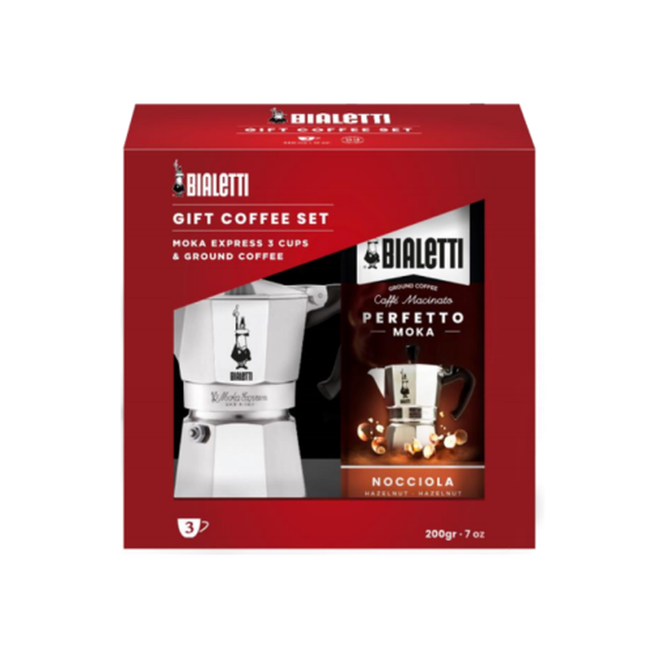 bialetti-moka-express-3-cup-set-with-coffee-hazelnut - Bialetti Moka Express 3 Cup Set & Hazelnut Coffee
