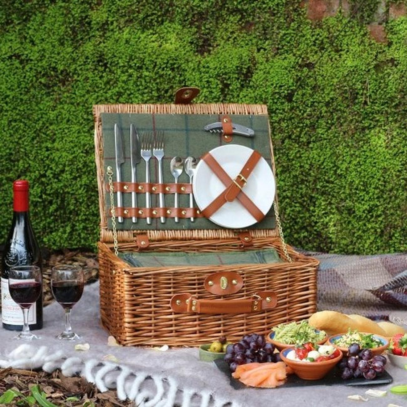 green-tweed-classic-picnic-basket-2-person - 2 Person Green Tweed Classic Picnic Hamper