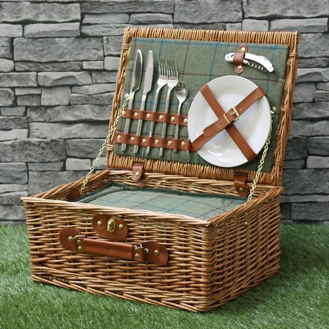 green-tweed-classic-picnic-basket-2-person - 2 Person Green Tweed Classic Picnic Hamper