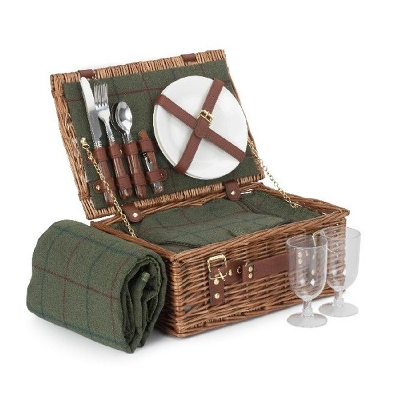 green-tweed-classic-picnic-basket-2-person - 2 Person Green Tweed Classic Picnic Hamper