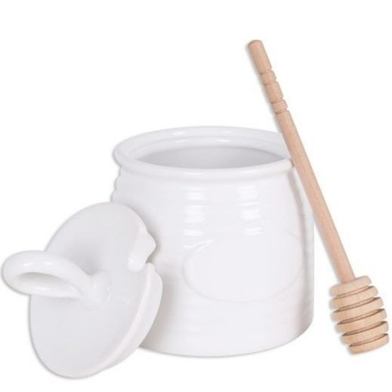 ceramic-honey-pot-and-honey-dipper-white-10cm - Ceramic Honeypot & Dipper White 10cm