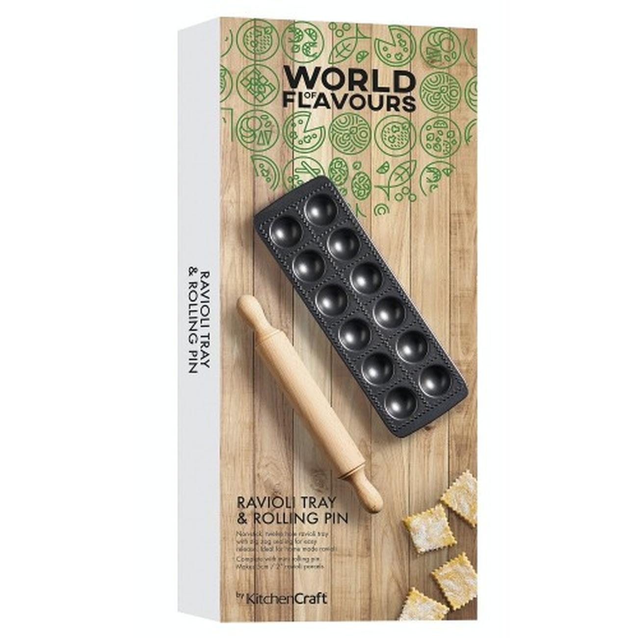 kitchencraft-world-of-flavours-non-stick-ravioli-mould-and-rolling-pin - KitchenCraft World of Flavours Non-Stick Ravioli Mould & Rolling Pin
