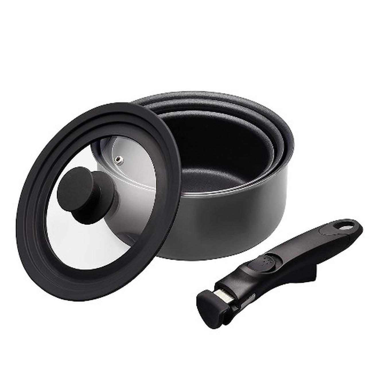 masterclass-smart-space-3pc-non-stick-saucepans-removable-handle - MasterClass Smart Space 3pc Stacking Saucepans Set