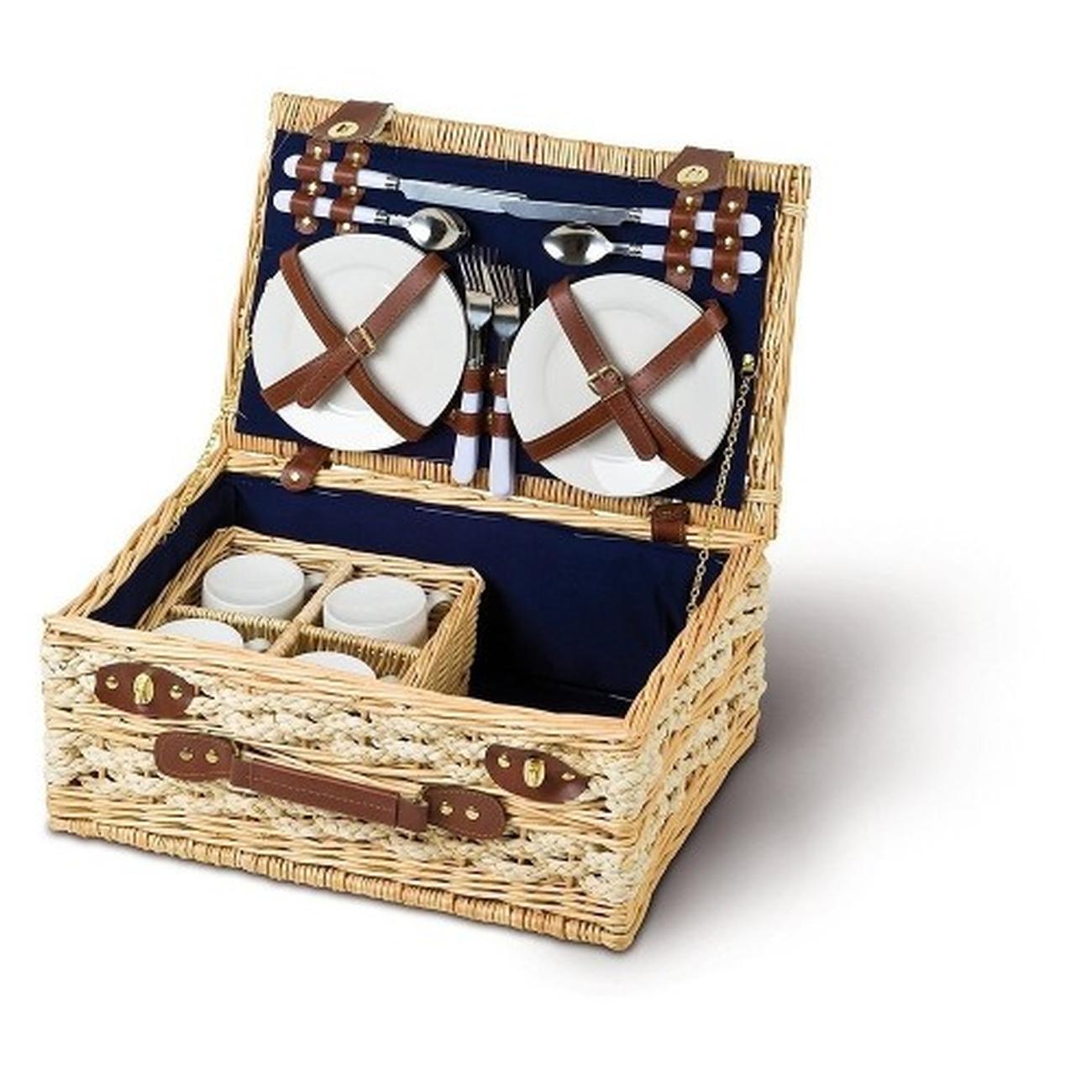 4-person-picnic-basket-navy-lining - Picnic Hamper for 4 Person Navy Lined