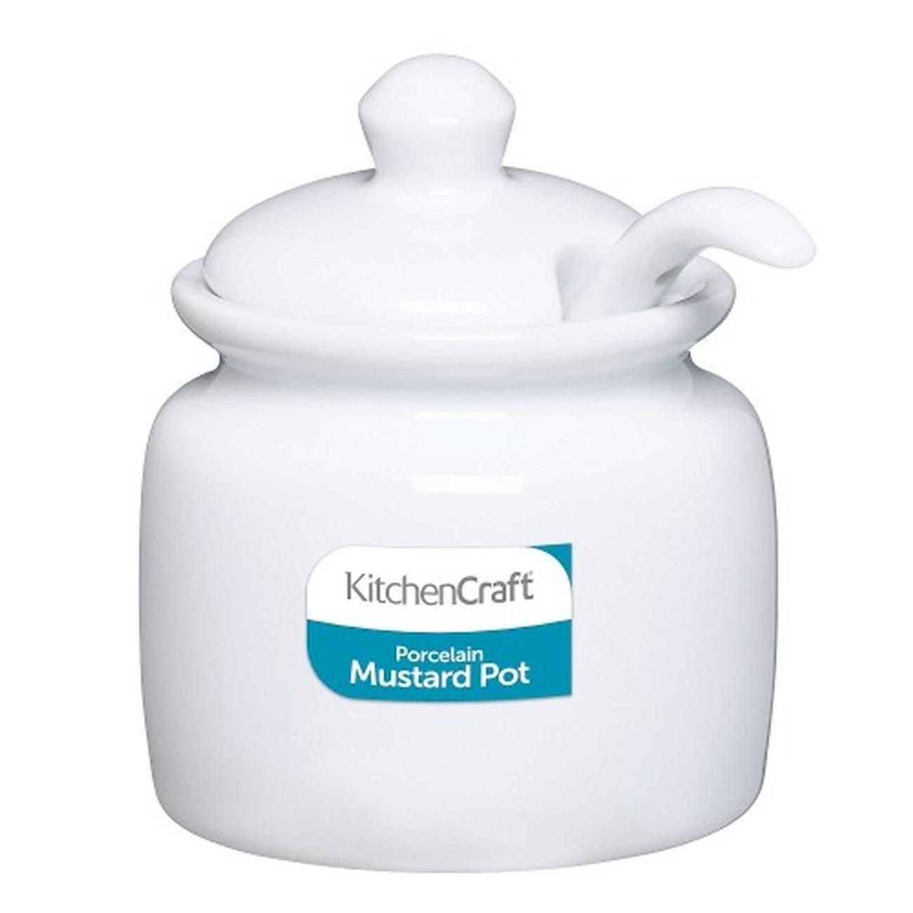 kitchencraft-white-porcelain-mustard-pot-with-lid-and-spoon- - KitchenCraft Porcelain Lidded Mustard Pot & Spoon