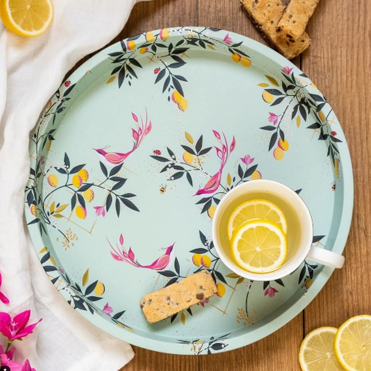 sara-miller-orchard-deepwell-round-tray - Sara Miller Orchard Birds Round Tin Tray