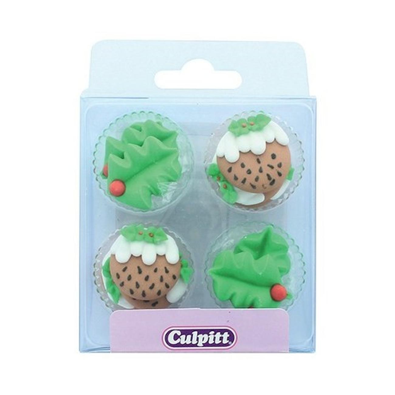 culpitt-sugar-decorations-holly-pudding-12pc - Culpitt Sugar Piping Holly & Pudding 12pc