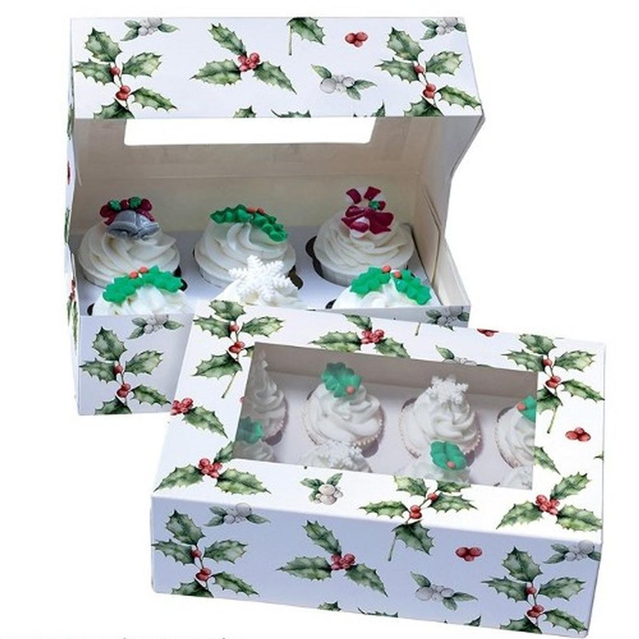 Vintage Holly Pack of 2 Cupcake Boxes for 6 or 12