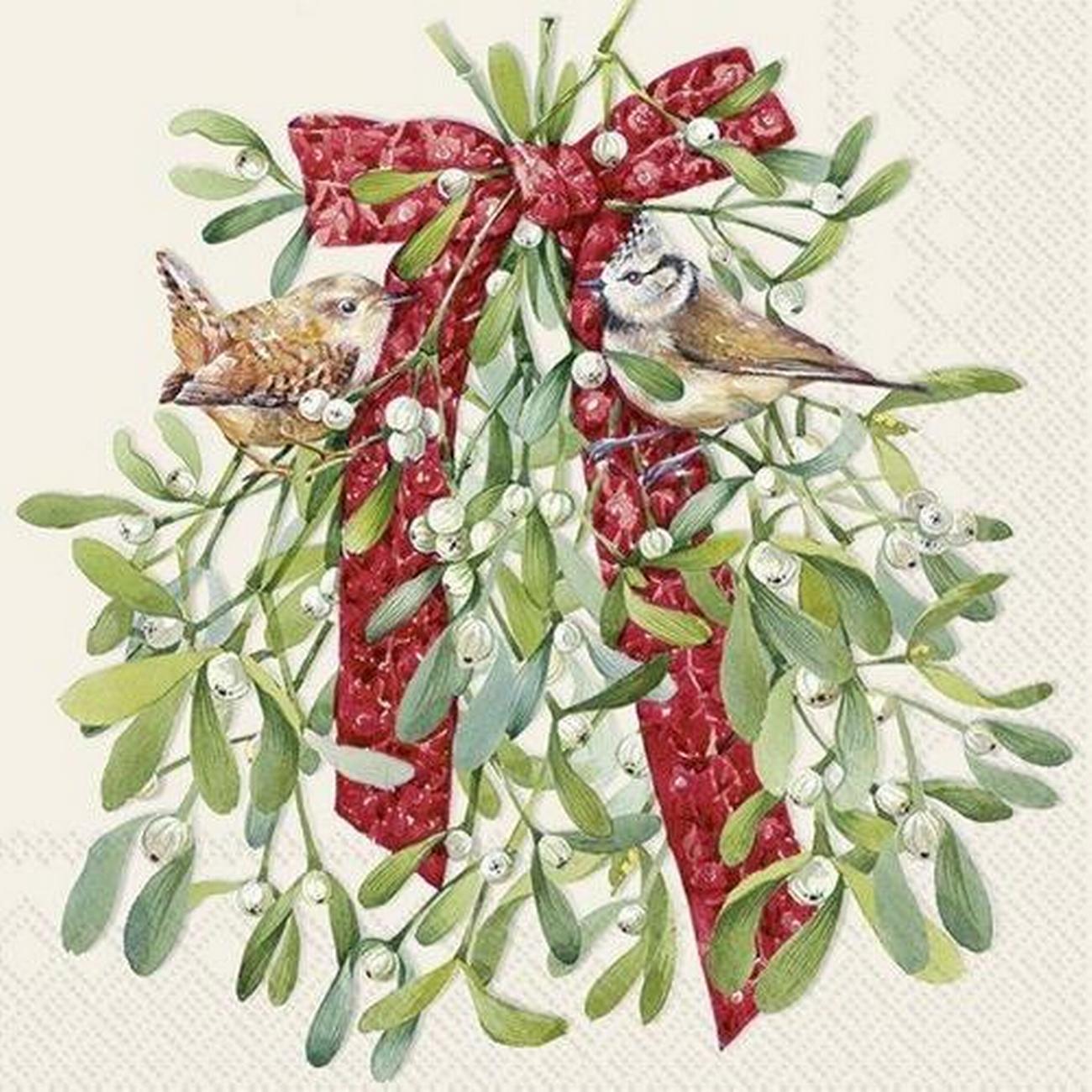 ihr-birds-in-mistletoe-cream-lunch-napkins - IHR Birds In Mistletoe Cream Lunch Napkins