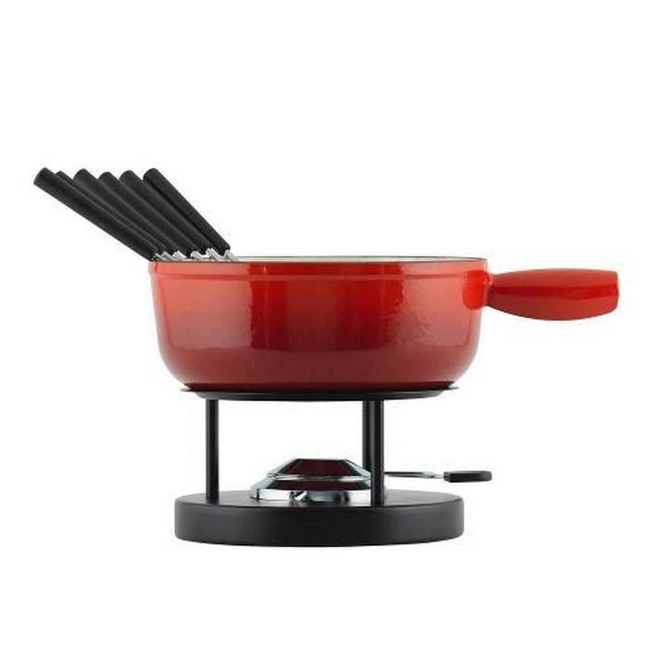 kuhn-rikon-cast-iron-cheese-fondue-set-24cm - Kuhn Rikon Cast Iron Cheese Fondue Set Red 24cm