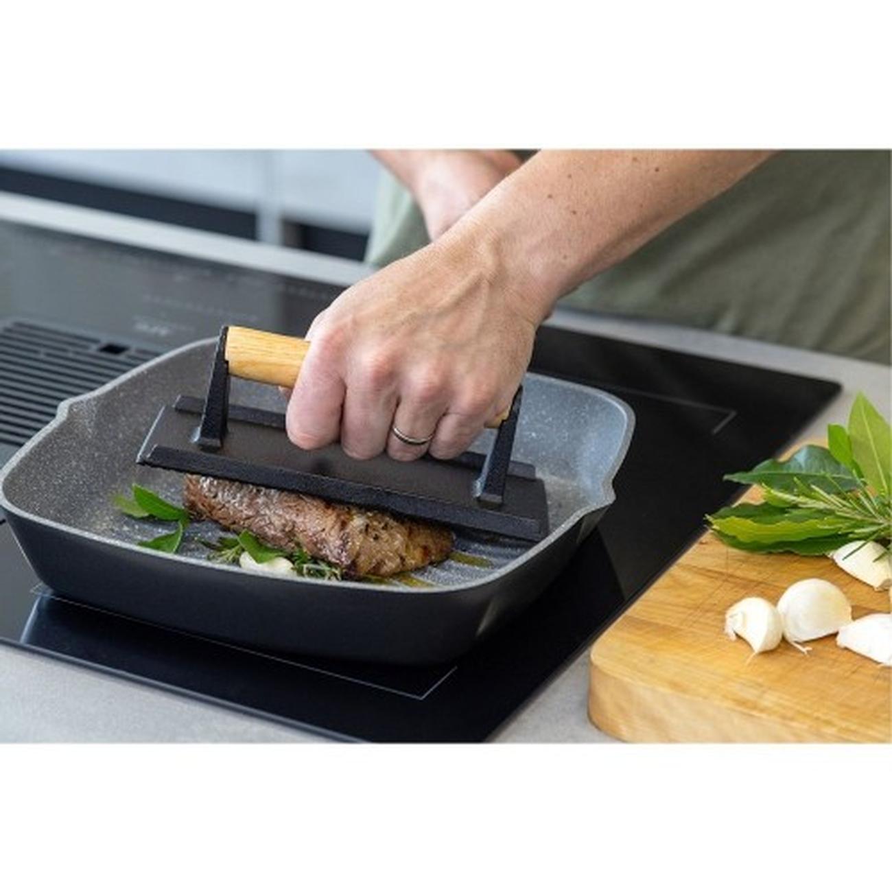 masterclass-grill-press-cast-iron-with-wooden-handle - MasterClass Cast Iron Grill Press with Wooden Handle
