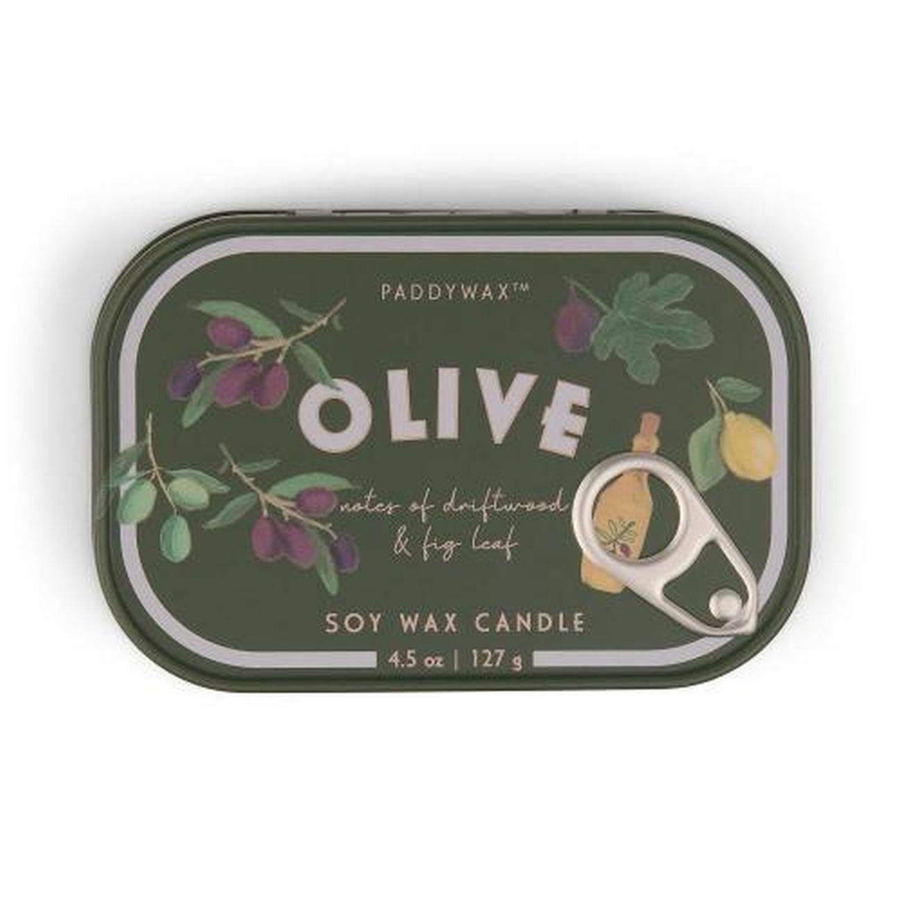 paddywax-bistro-olive-printed-tin-candle-fig-and-olive-127g - Paddywax Bistro Olive Candle Tin Driftwood & Fig Leaf