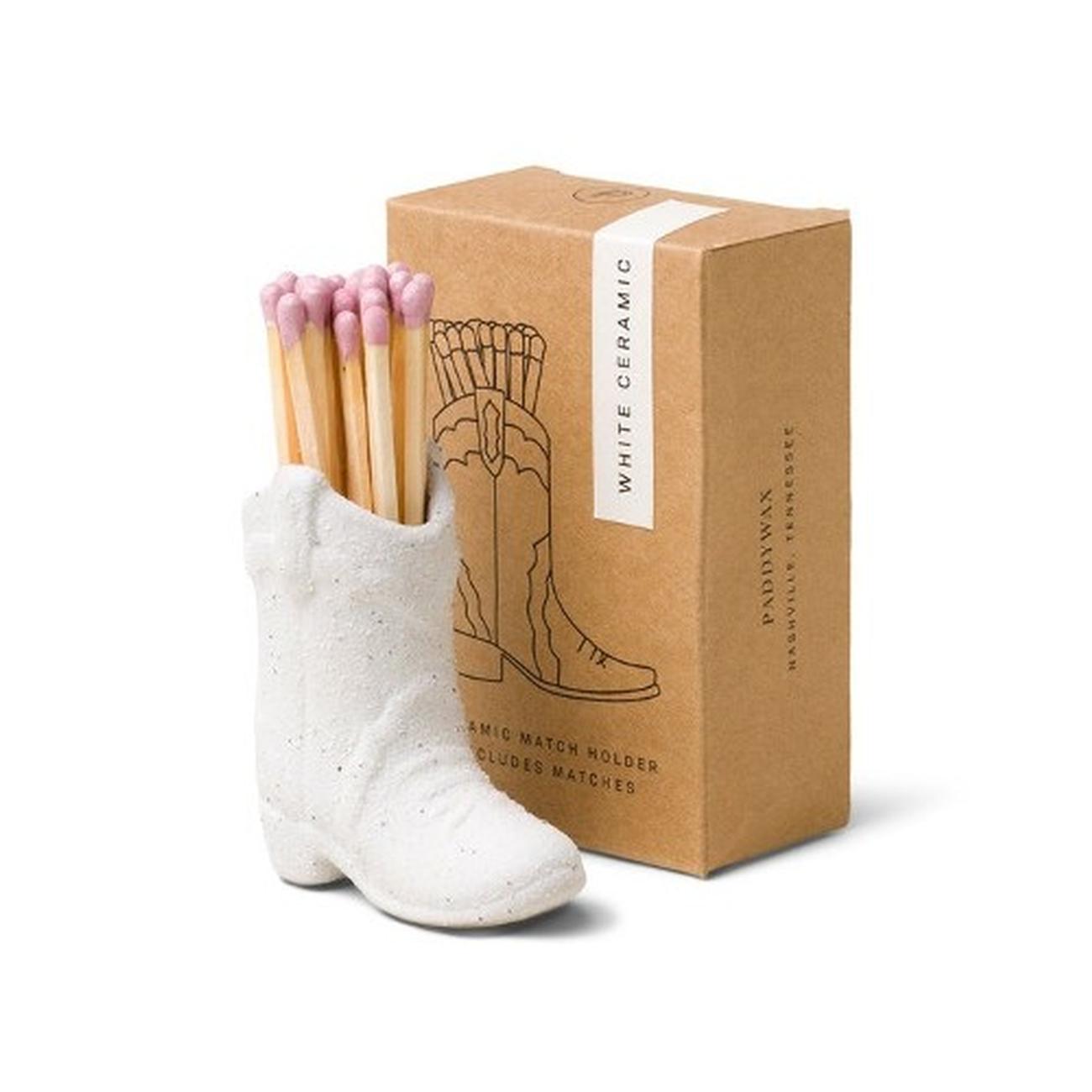 paddywax-ceramic-cowboy-boot-match-holder-white - Paddywax Cowboy Boot Match Holder White 25 Matches