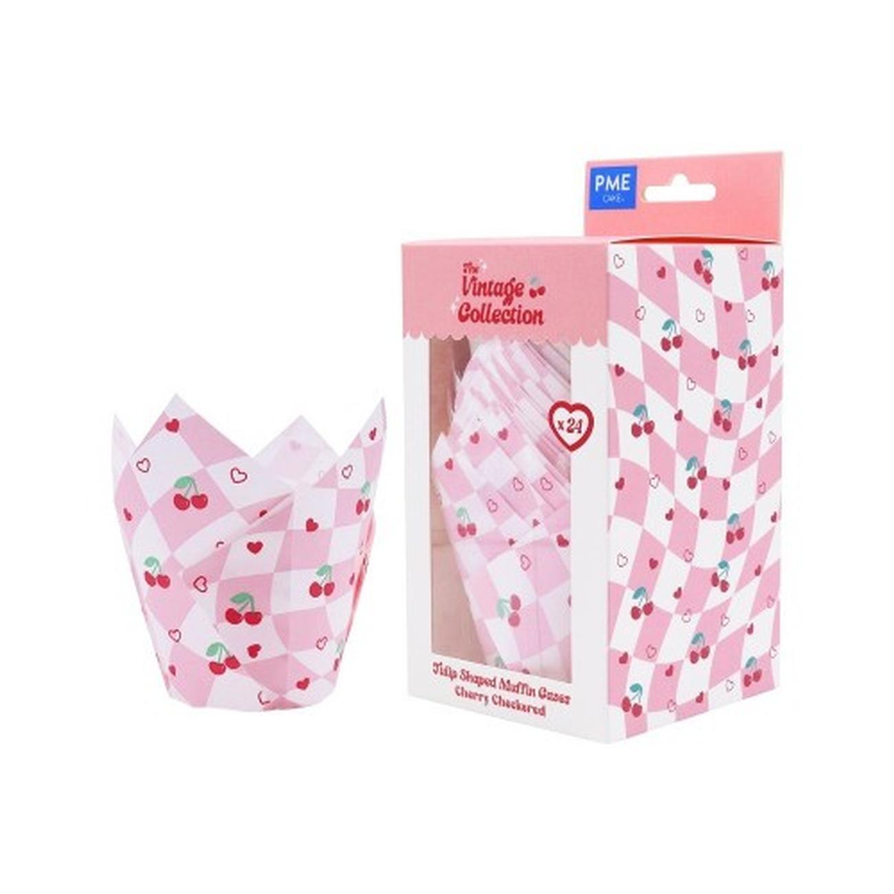 pme-cherry-checkerboard-vintage-tulip-muffin-cases - PME Cherry Checkerboard Vintage Tulip Muffin Cases 