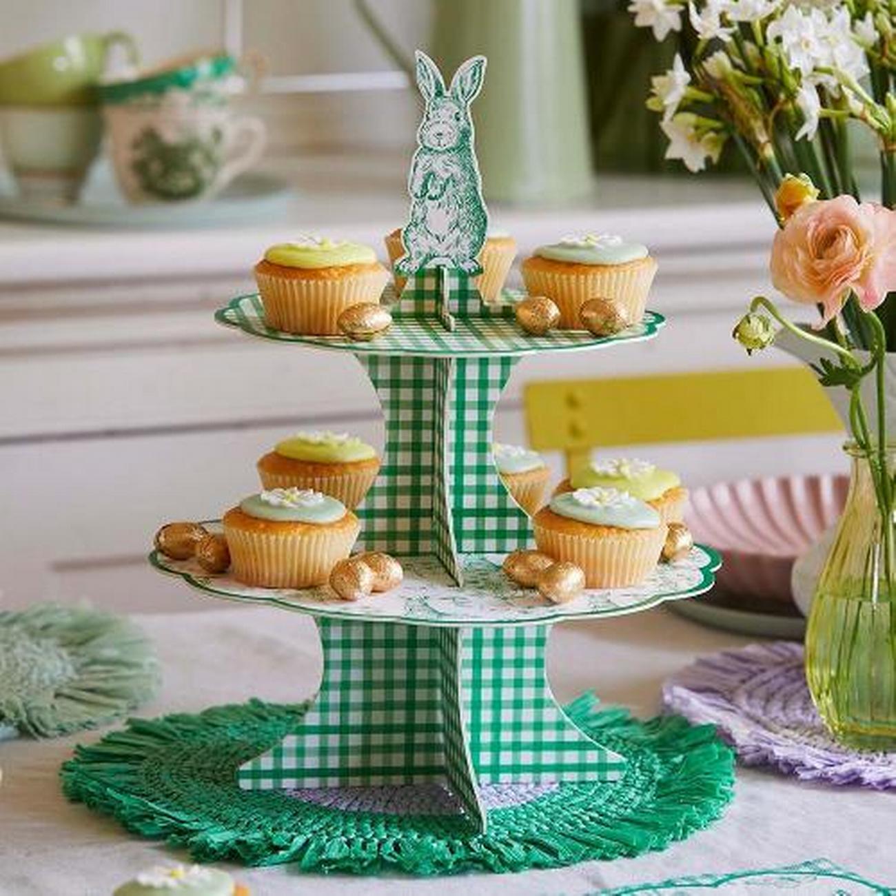 talking-tables-toile-de-joy-gingham-green-reversible-cake-stand - Talking Tables Toile de Jouy & Gingham Green Reversible Cake Stand
