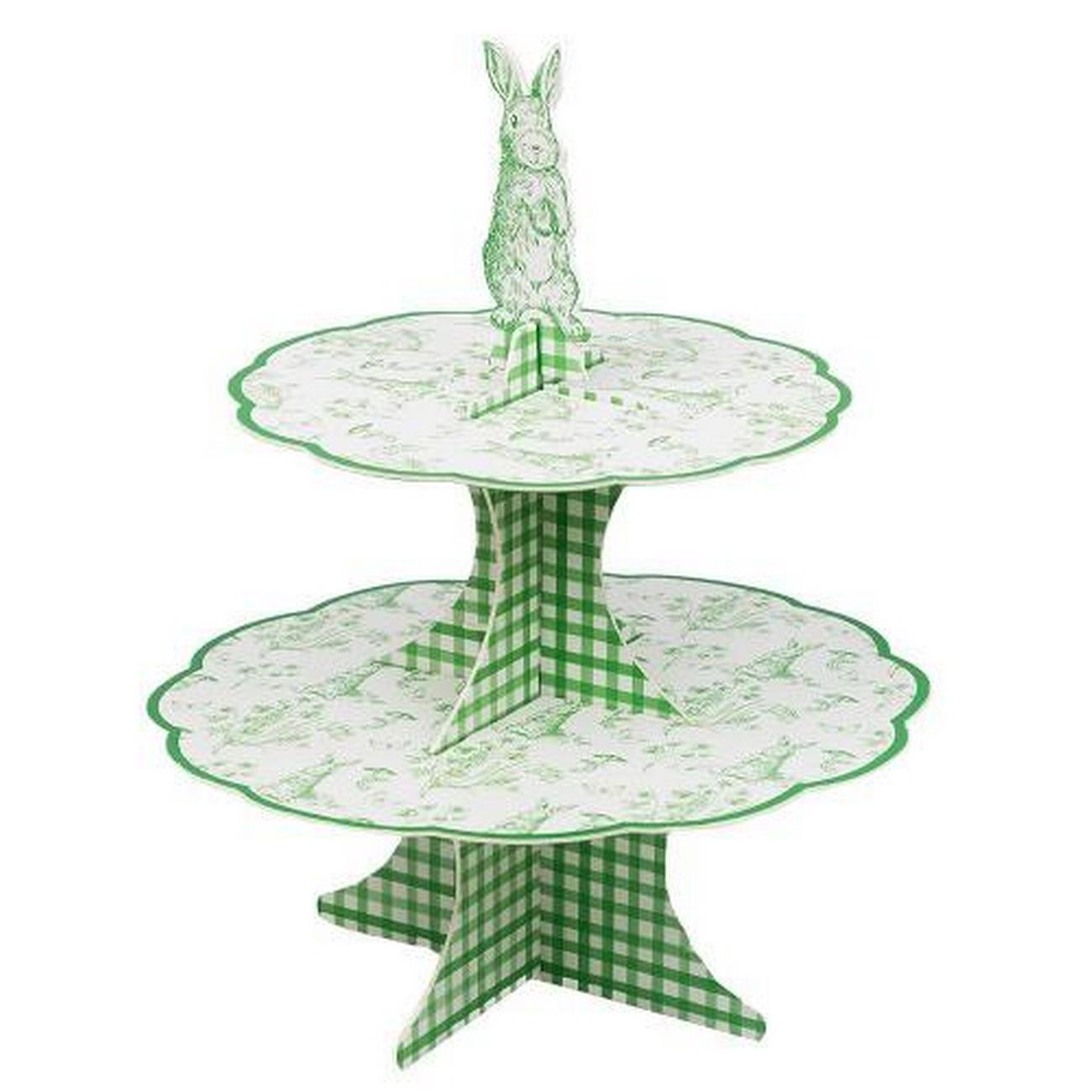 talking-tables-toile-de-joy-gingham-green-reversible-cake-stand - Talking Tables Toile de Jouy & Gingham Green Reversible Cake Stand
