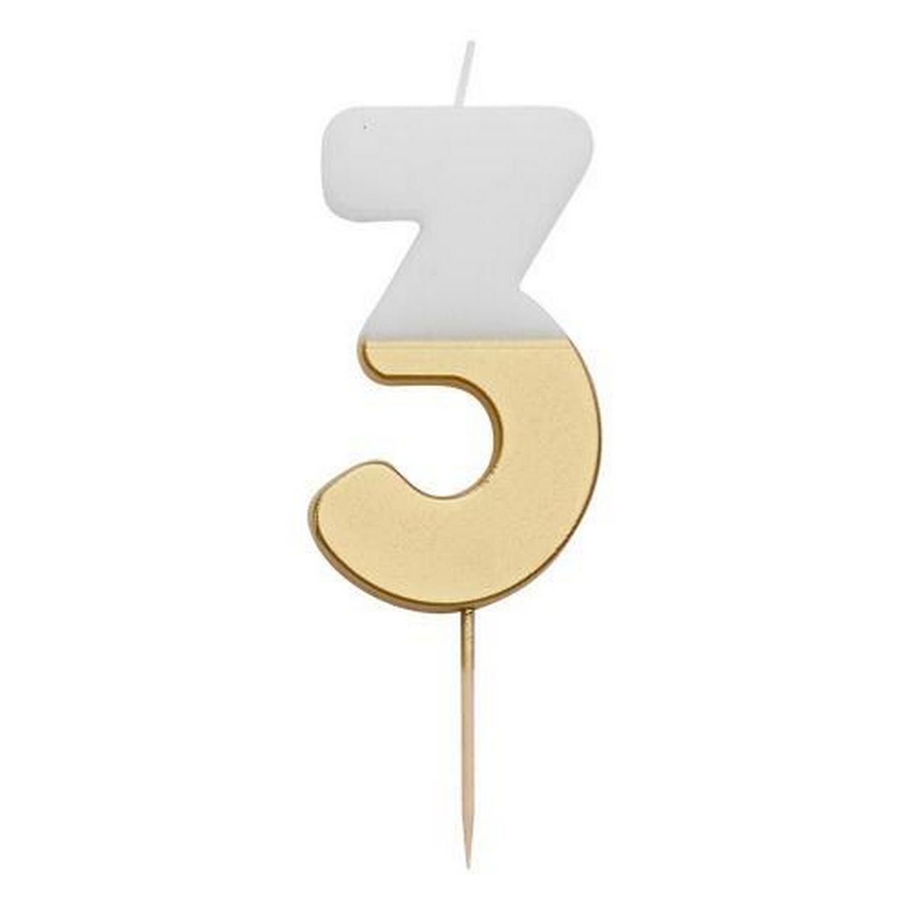 talking-tables-white-gold-birthday-number-candle-3 - Talking Tables White & Gold Birthday Number Candle 3