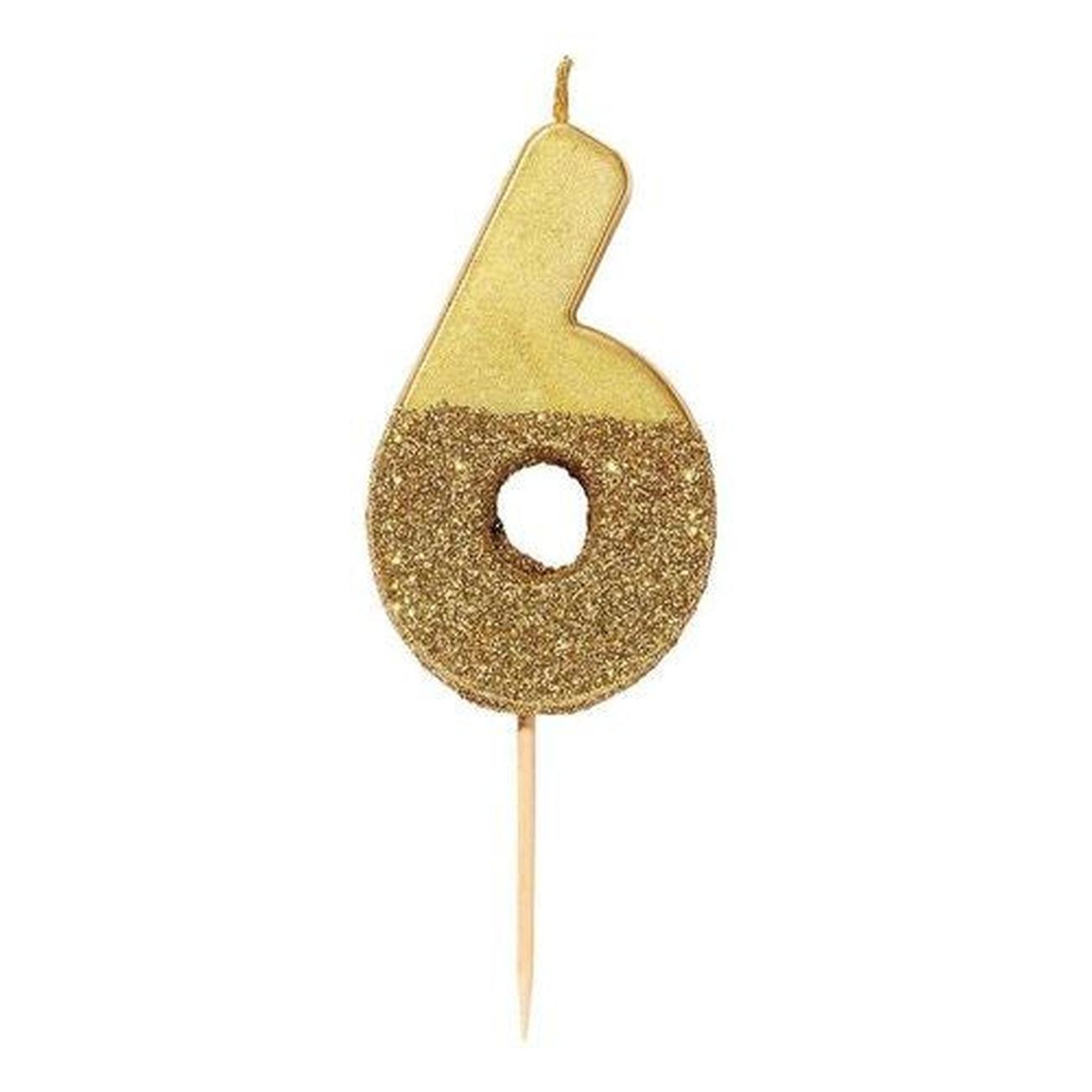 tt-we-heart-birthdays-gold-glitter-number-6-candle - TT We Heart Birthdays Gold Glitter Number 6 Candle