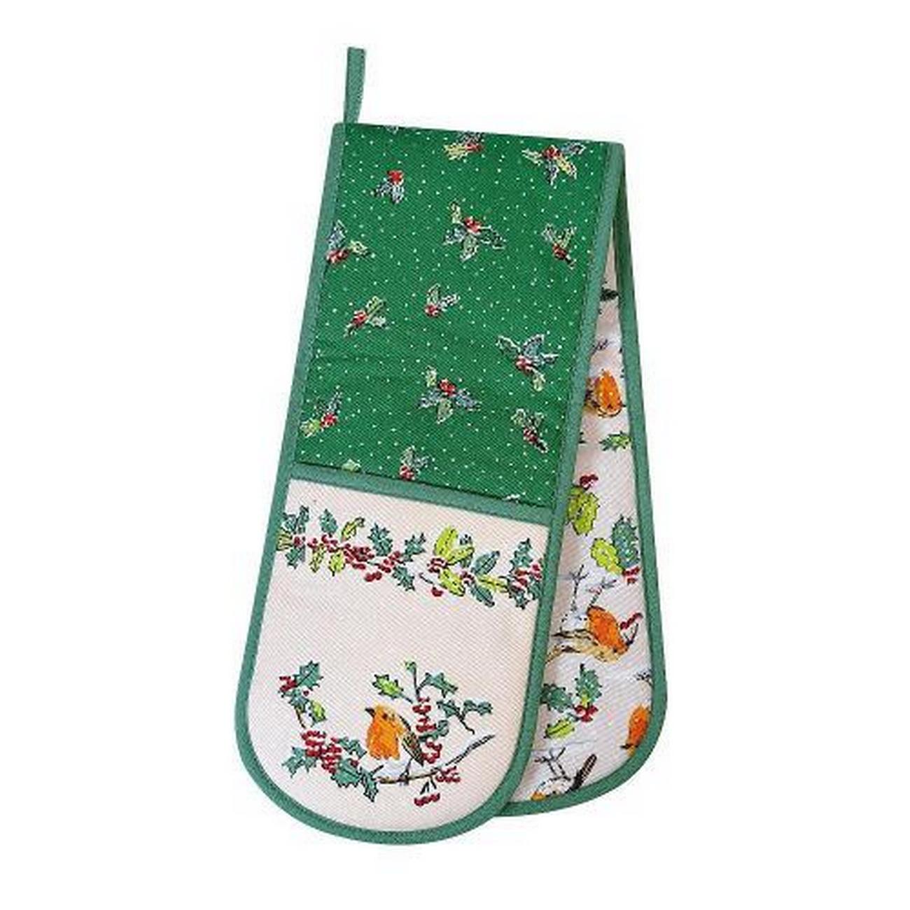ulster-weavers-christmas-robins-green-double-glove - Ulster Weavers Christmas Robins Green Double Oven Glove
