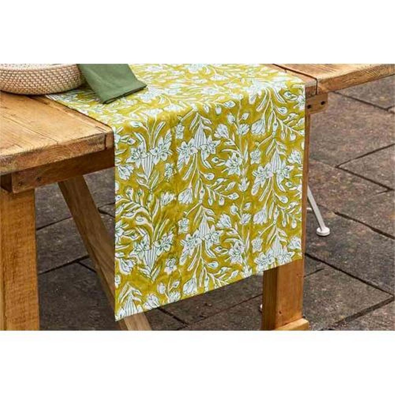 walton-co-lily-handblock-print-tablerunner-lemon-40x180cm - Walton & Co Lily Handblock Print Table Runner Lemon
