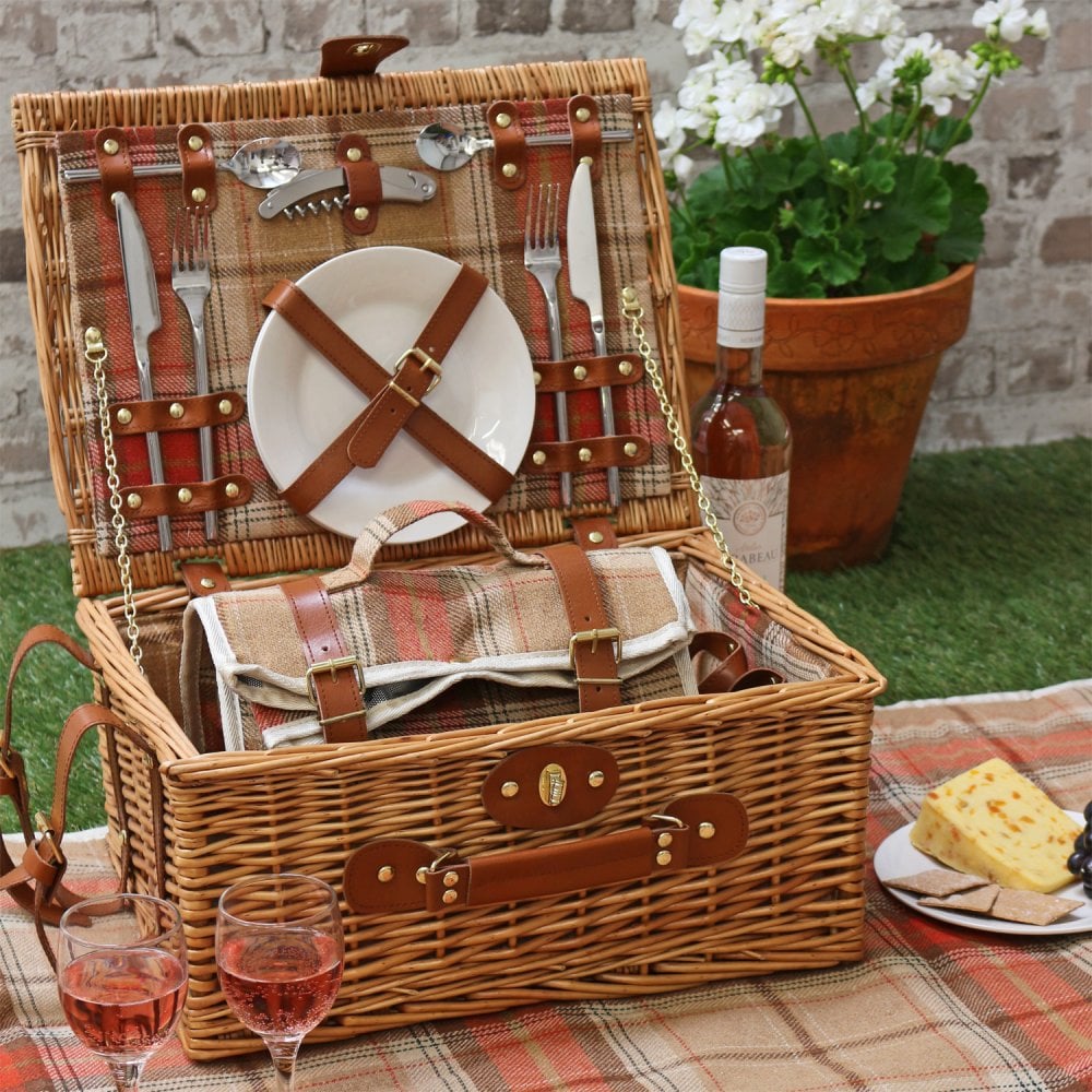 Autumn Red Tartan Picnic Hamper Basket for 2