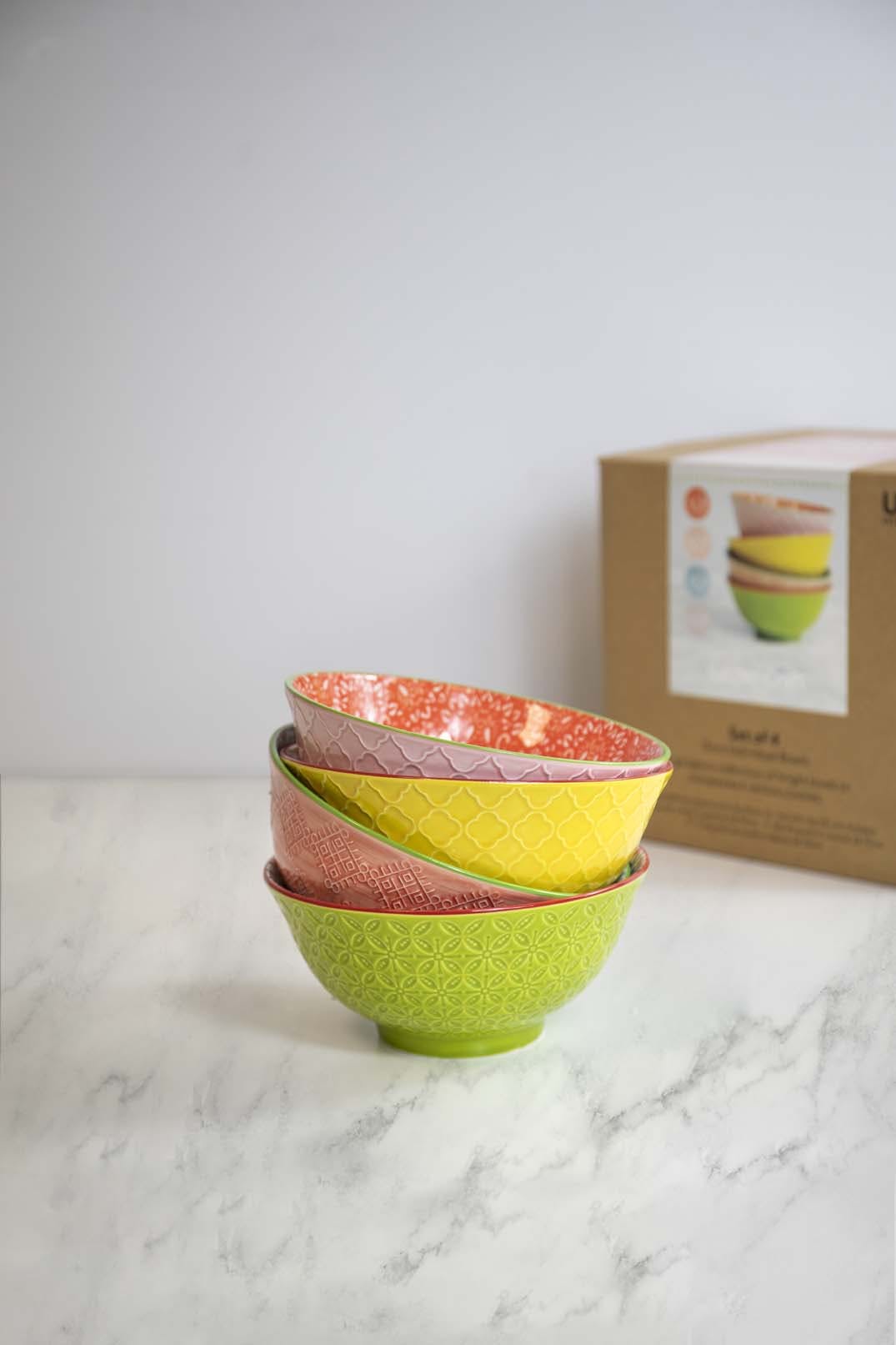 KitchenCraft Set of 4 Patterned Ceramic Bowls 'Brights Design'