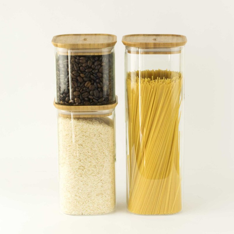 Pebbly Square Glass Canister with Bamboo Lid 800ml